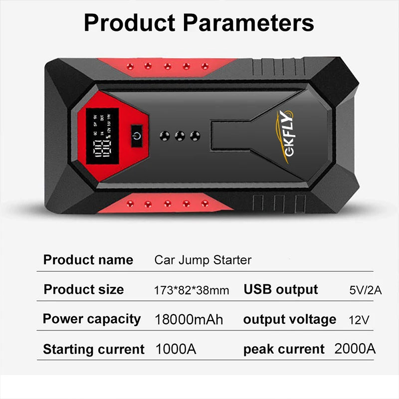 GKFLY Portable Car Jump Starter 18000mAh Power Bank Car Booster Charger 12V Starting Device Petrol Diesel Car Emergency Booster