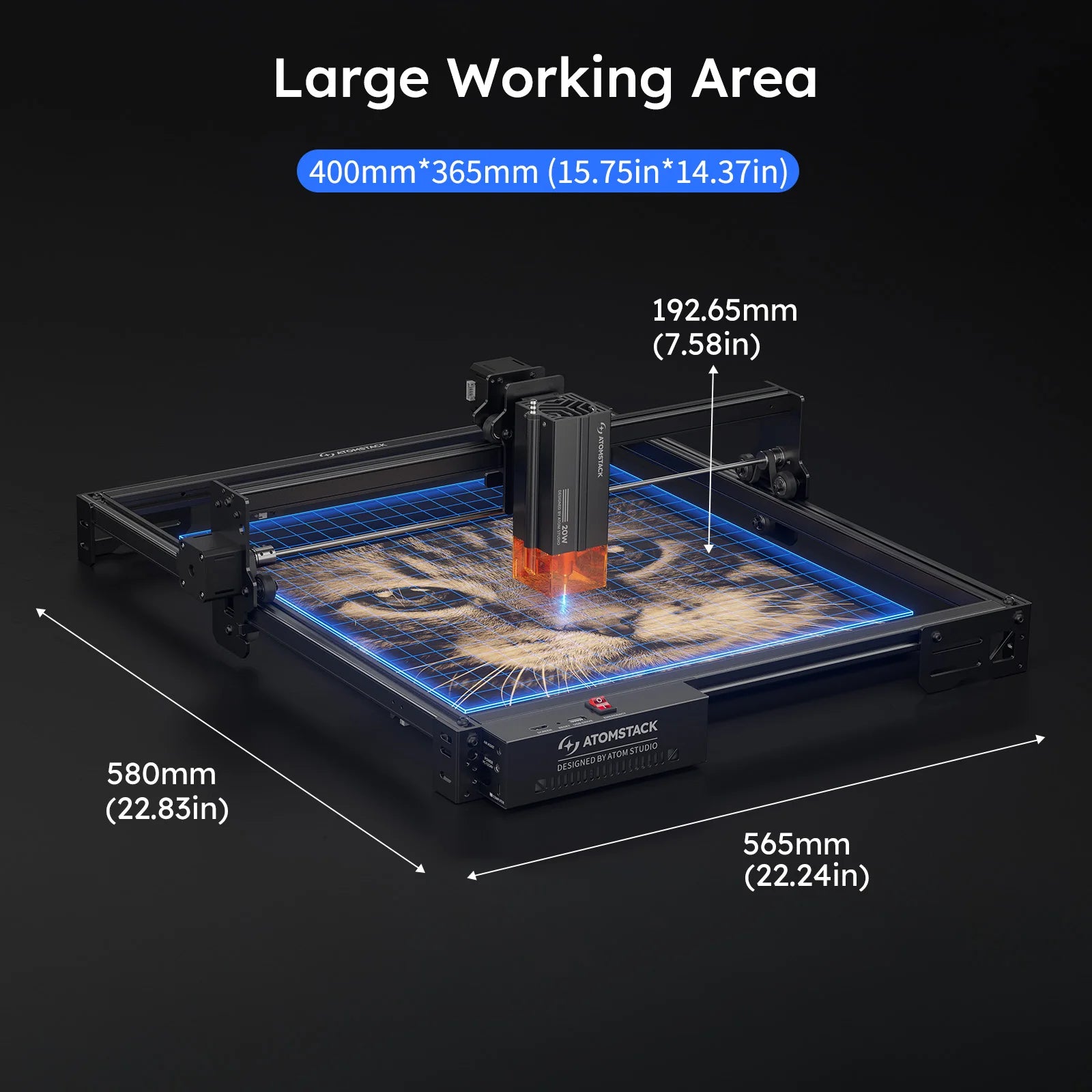 20W lasergraveerder met een werkgebied van 400×400 mm en Bluetooth-bediening