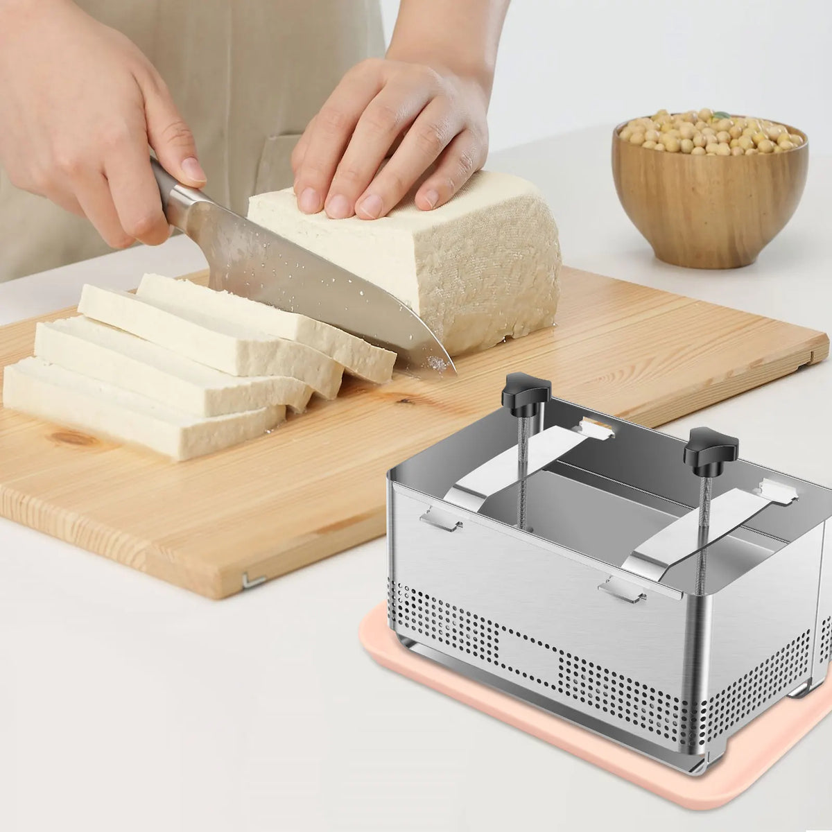 Rozsdamentes acél tofu prés tálcával és kendővel