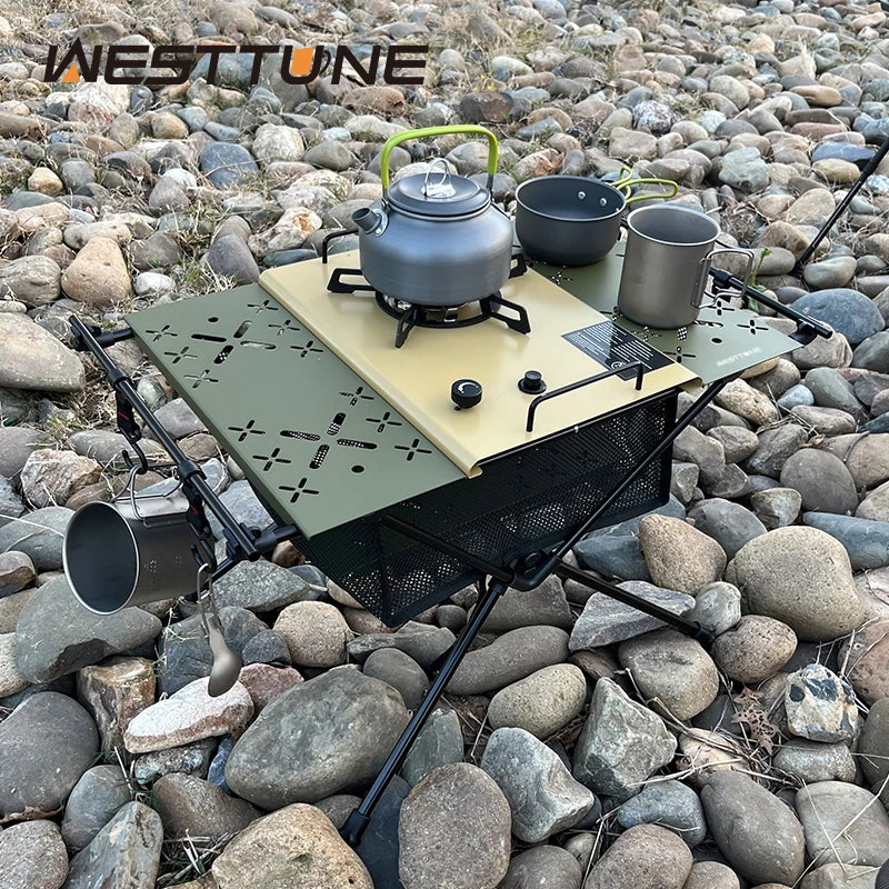 WESTTUNE Camping Table with IGT Stove Portable Aluminum Alloy Folding Table with Accessories Multifunctional Outdoor Tables 
