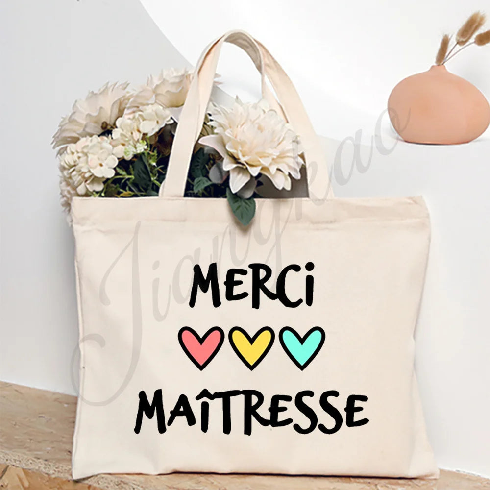 Thank You Teacher Stampa Francese Borsa a Spalla Donna Borsa in Tela Borse da Shopping Borse Femminili Borsa Riutilizzabile Migliori Regali per Maitresse
