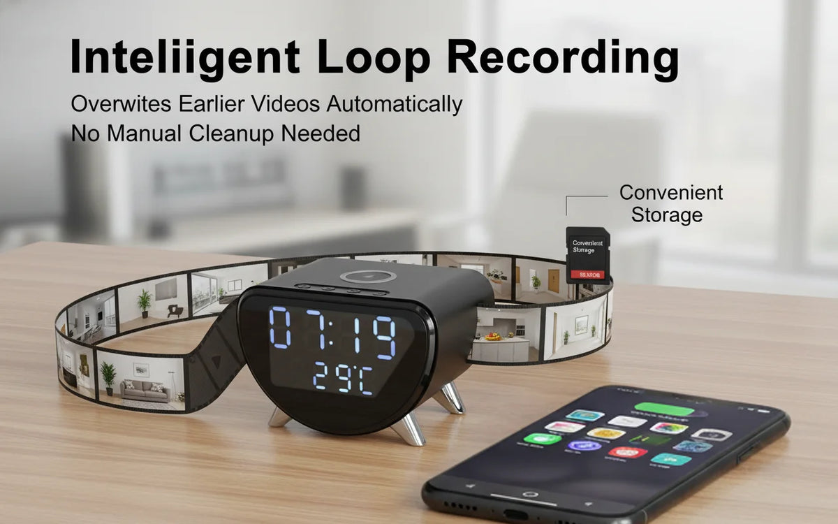 4K UHD WiFi Clock Camera, Indoor Surveillance with Motion Detection, Remote Real-Time View & Video Recording, Qi Wireless Charging Compatible, Suitable for Home Office Warehouse, Elegant Minimalist Design, TF Card Storage (No