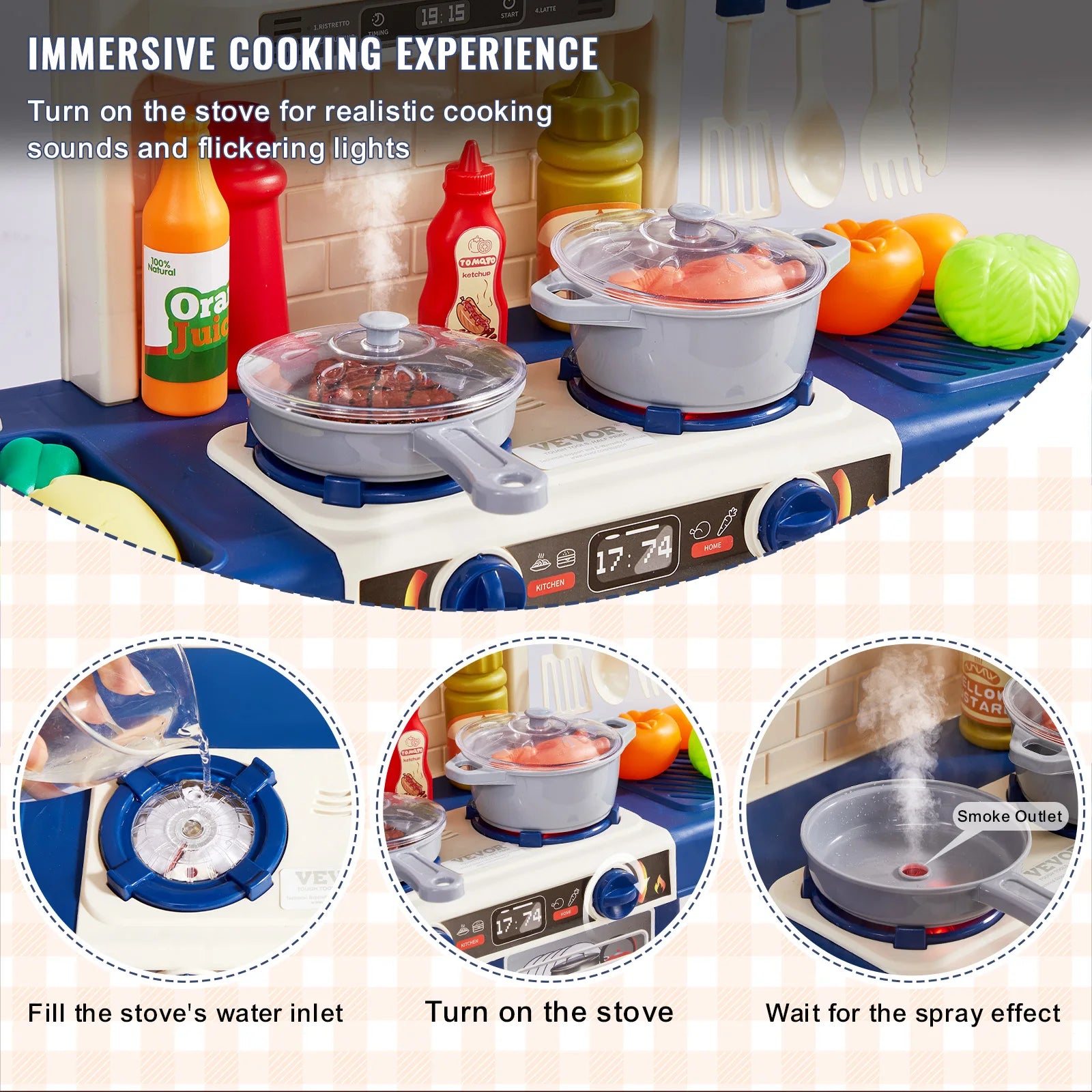 Kids Kitchen Playset 48PCS Pretend Cooking Toy with Lights & Water Sink