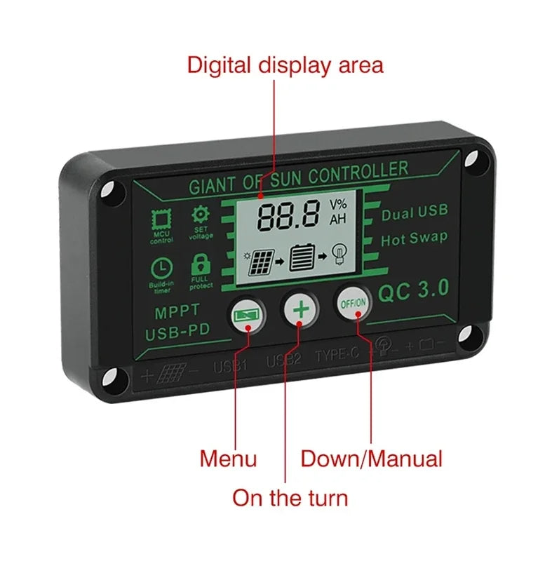 Solar-Laderegler MPPT, 100A 90A 60A 30A 20A, wasserdicht, 12V 24V Solarpanel-Laderegler, Dual-USB, automatische Anzeige