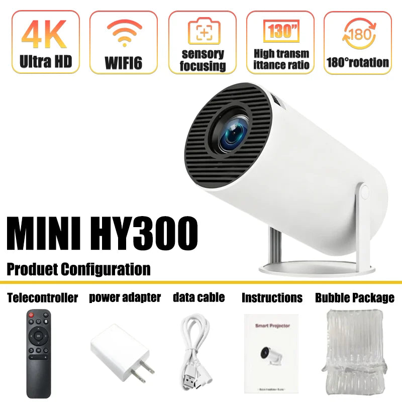 Ny SmartProjector Mini HY300 8K Android 11 Dubbel Wifi6 290ANSI Allwinner H726 BT5.4 1080P 1280*720P Hemmabiougn Outdoor Projektor