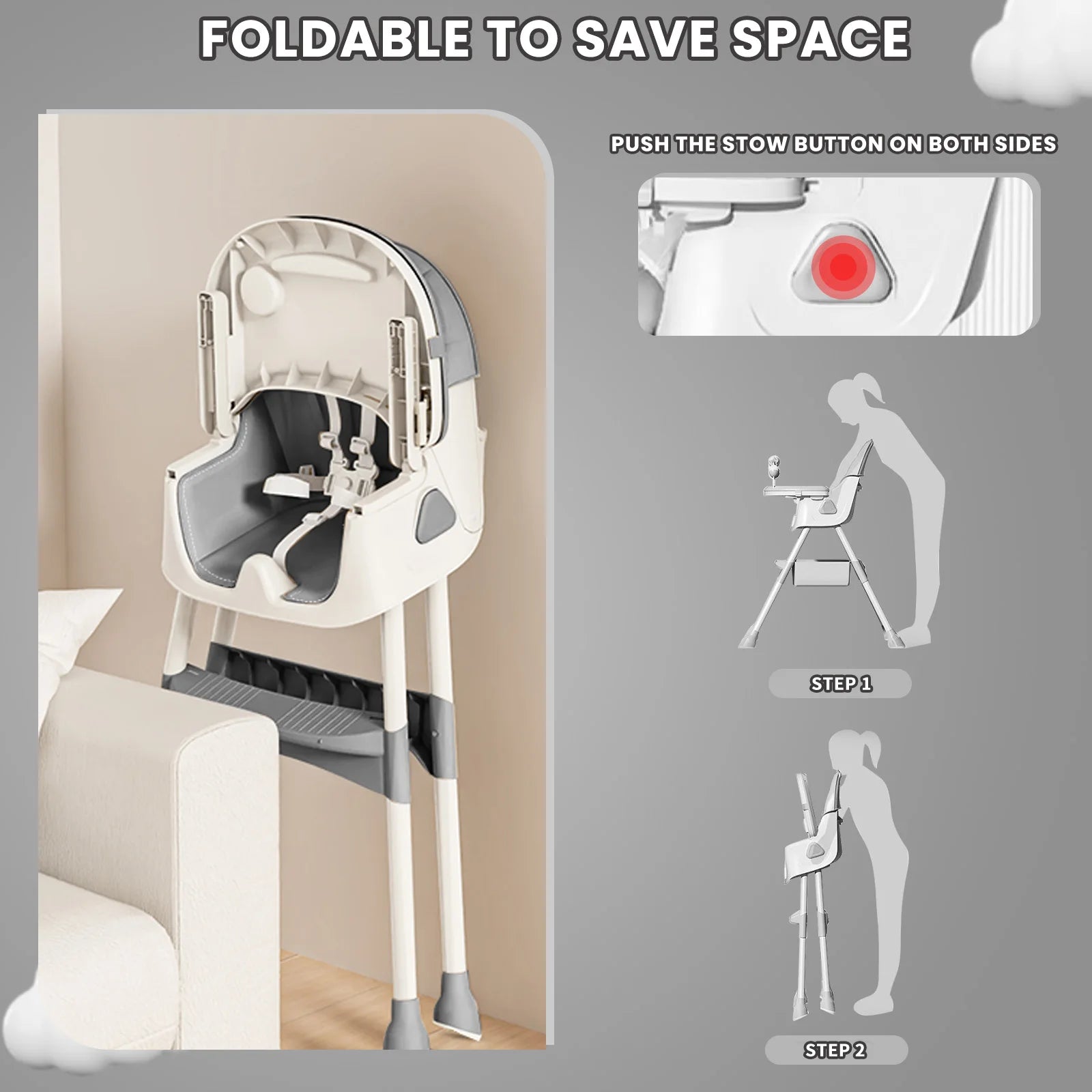 Foldable Baby High Chair with Tray and Toy Rack