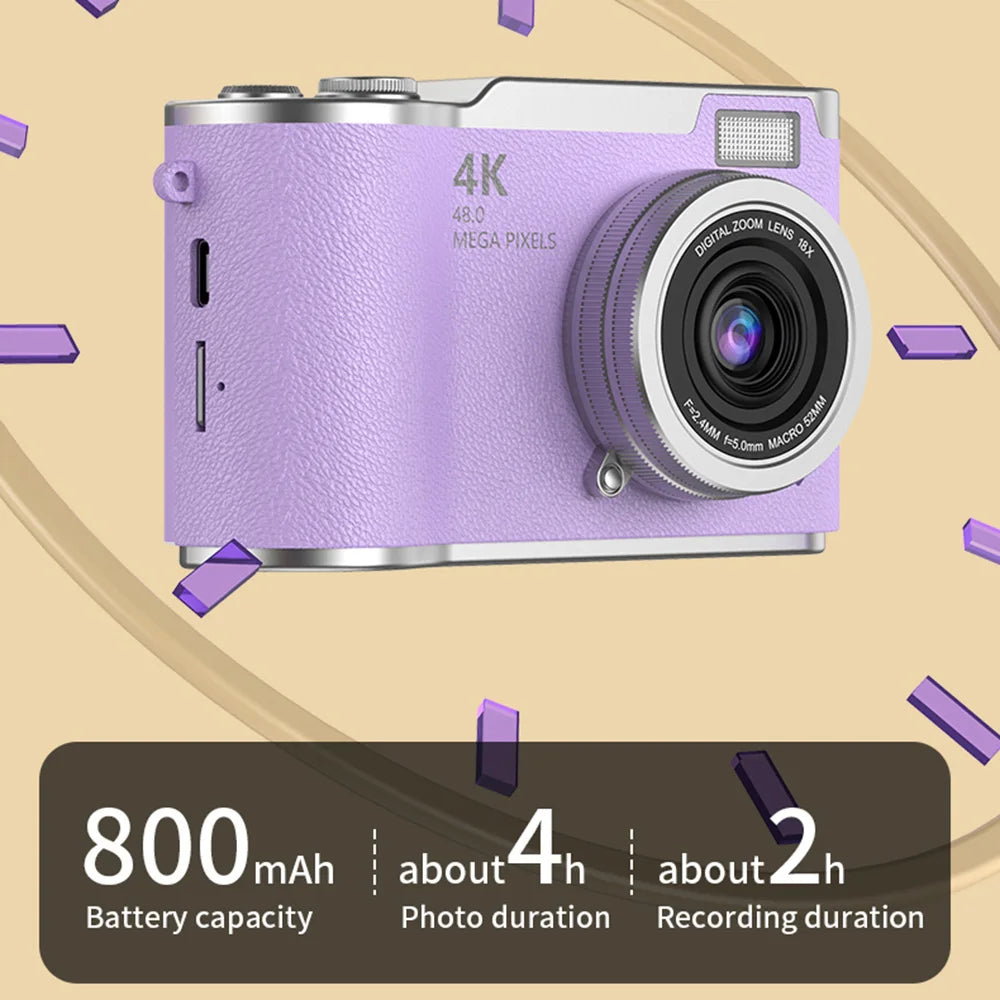 4K Digital Camera with 48MP, 8X Zoom, 180° Flip Screen, 32GB Card