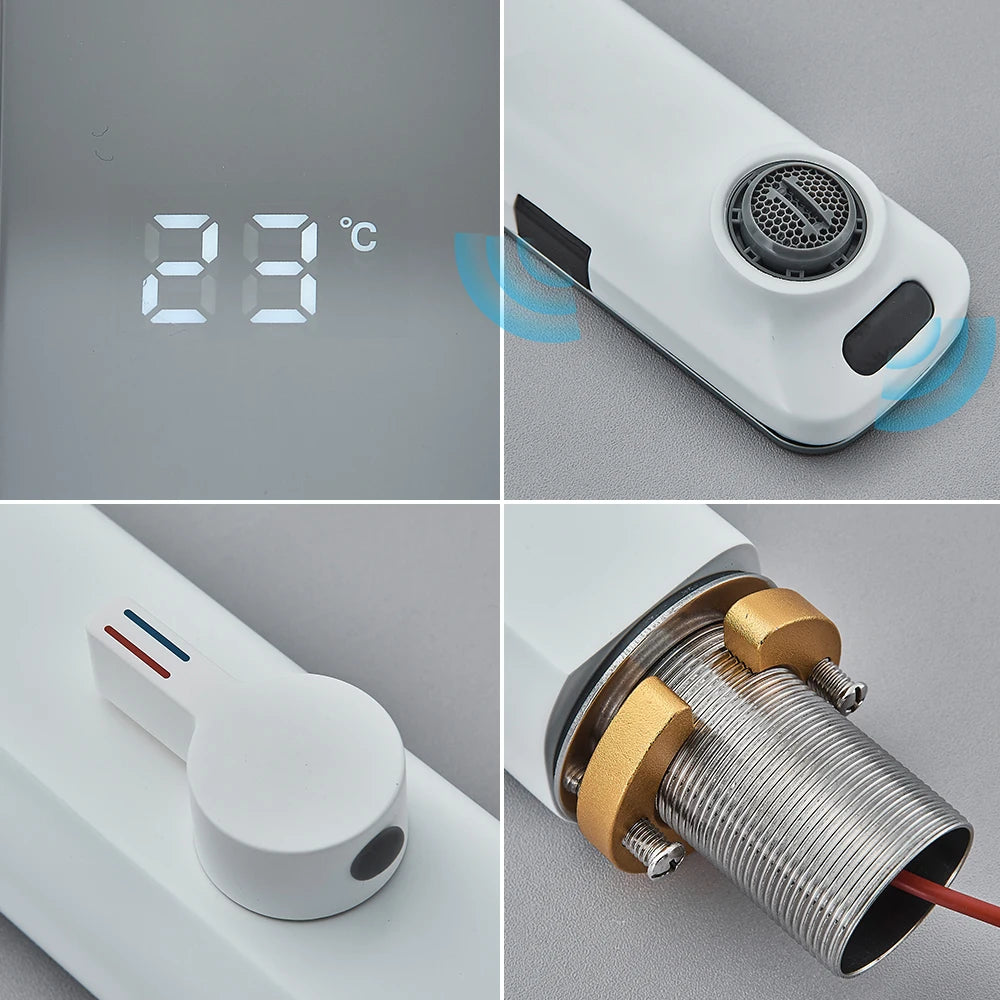 White Smart Sensor Basin Faucet Screen Digital Display Hot Cold Water Mixer Tap Touchless Vanity Sink Faucet For Bathroom 