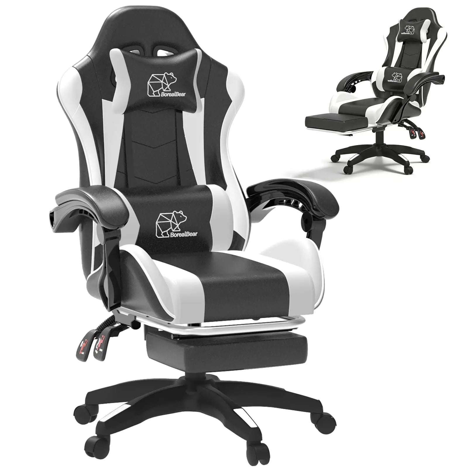 Ergonomische gamestoel met voetensteun en verstelbare rugleuning, in hoogte verstelbaar