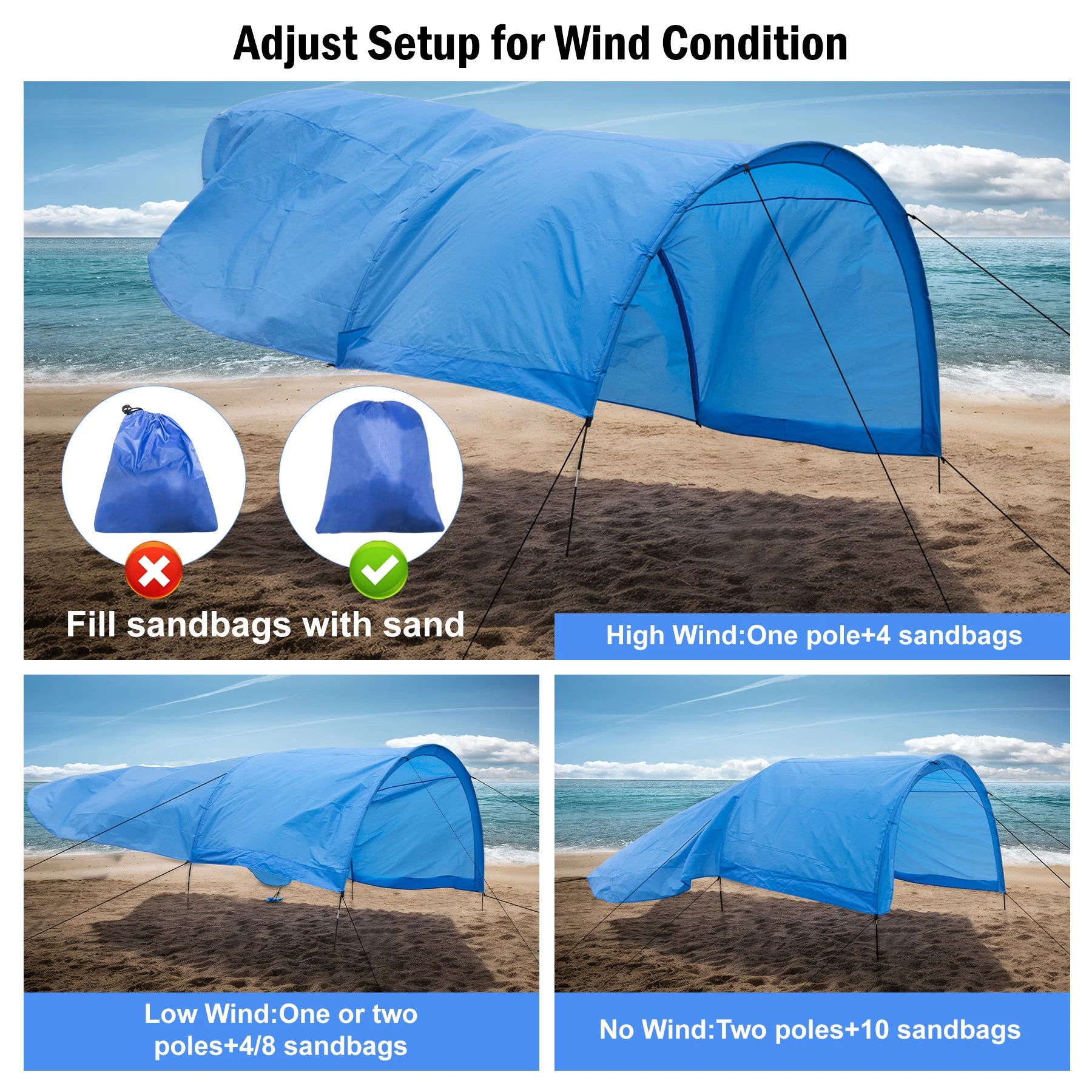 Portable Beach Sun Shelter for 4-8 People, 200 Sq. Ft.