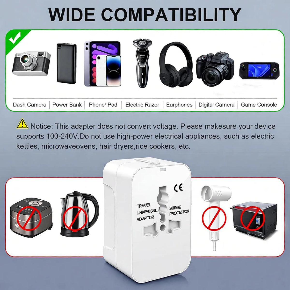 HHT202 Travel Plug Adapter with USB Ports