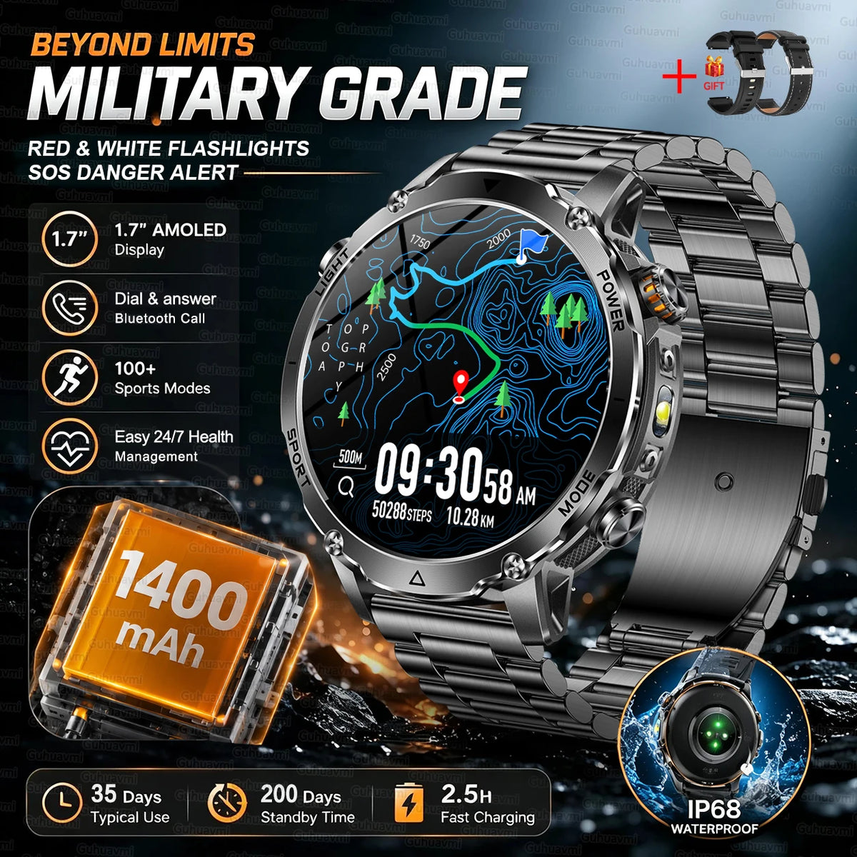Outdoor Bluetooth Anruf-Smartwatch mit LED-Taschenlampe