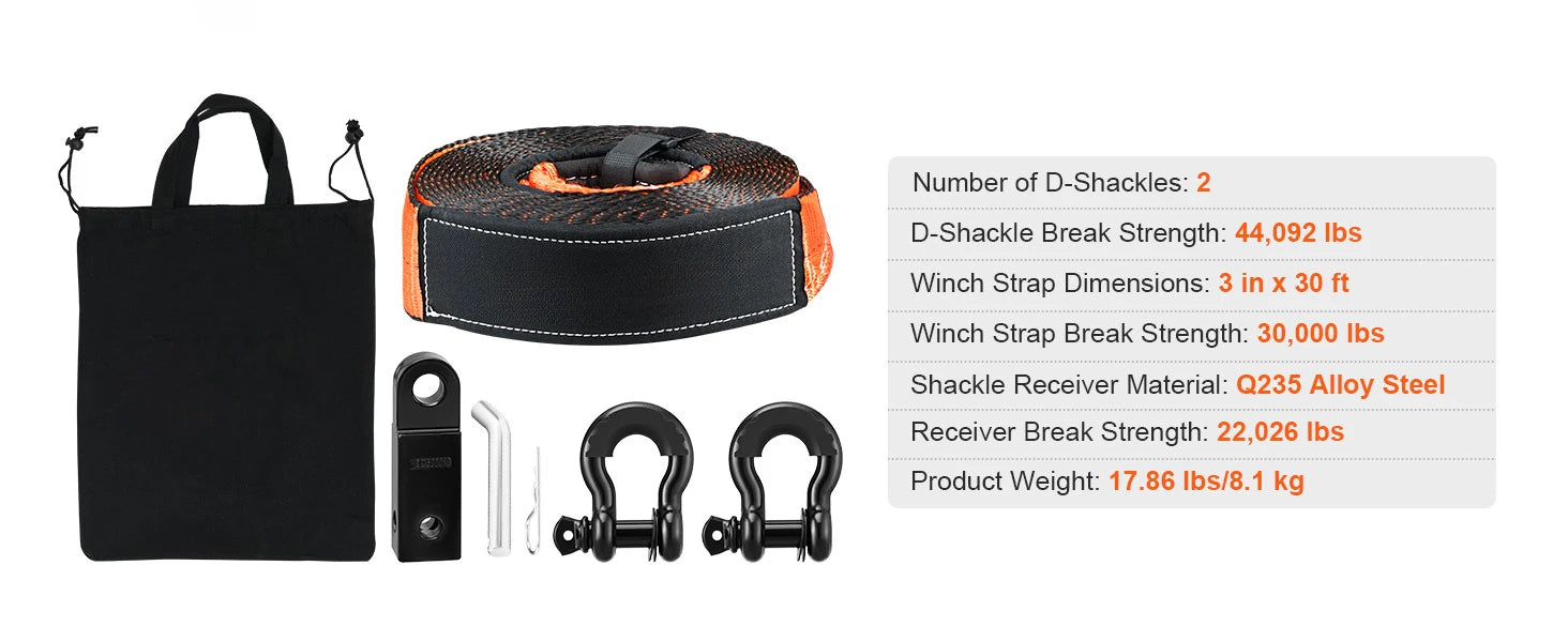 SucceBuy off-road winch recovery kit med 3" x 30' kørselstøv og 2 D-ringe skafter til ATV’er, Jeeps, off-road køretøjer og lastbiler