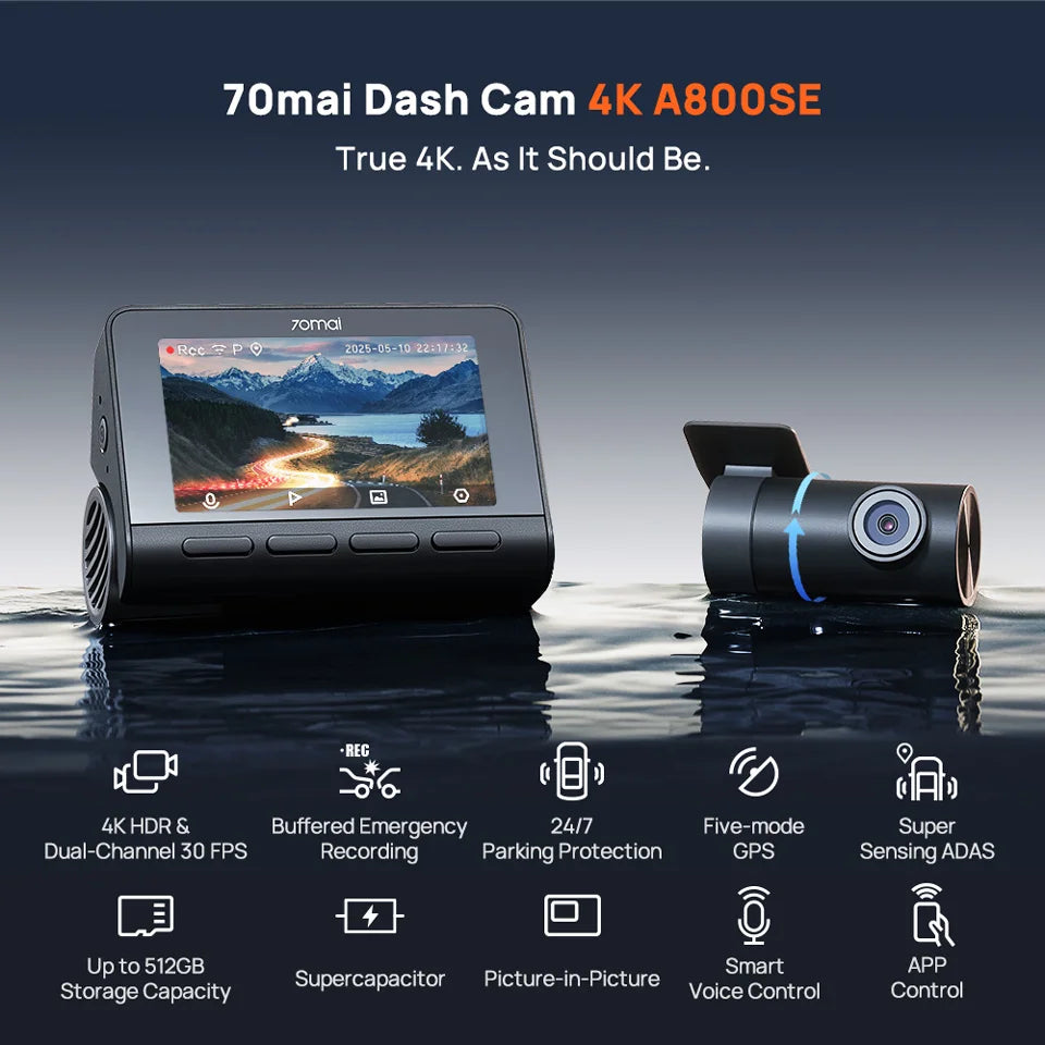 70mai A800SE 4K Dash Cam with GPS, ADAS & Voice Control