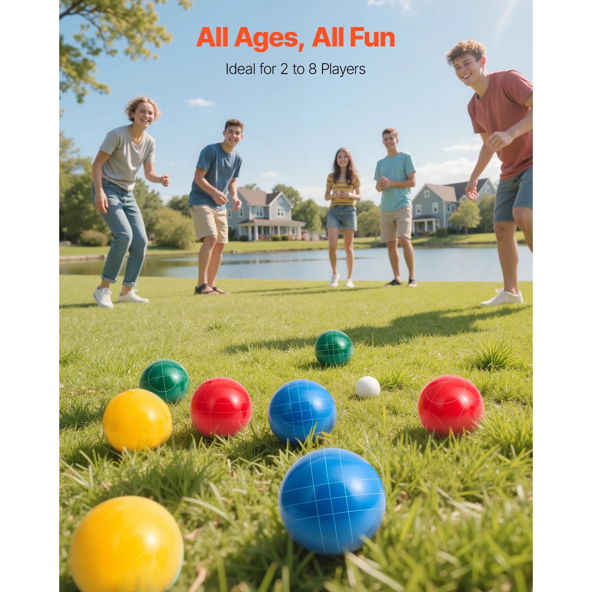 SucceBuy Bocce Ball Set 8 Resin Balls with Pallino Carry Bag and Measuring Rope Multi Color for Beach Lawn and Backyard Games