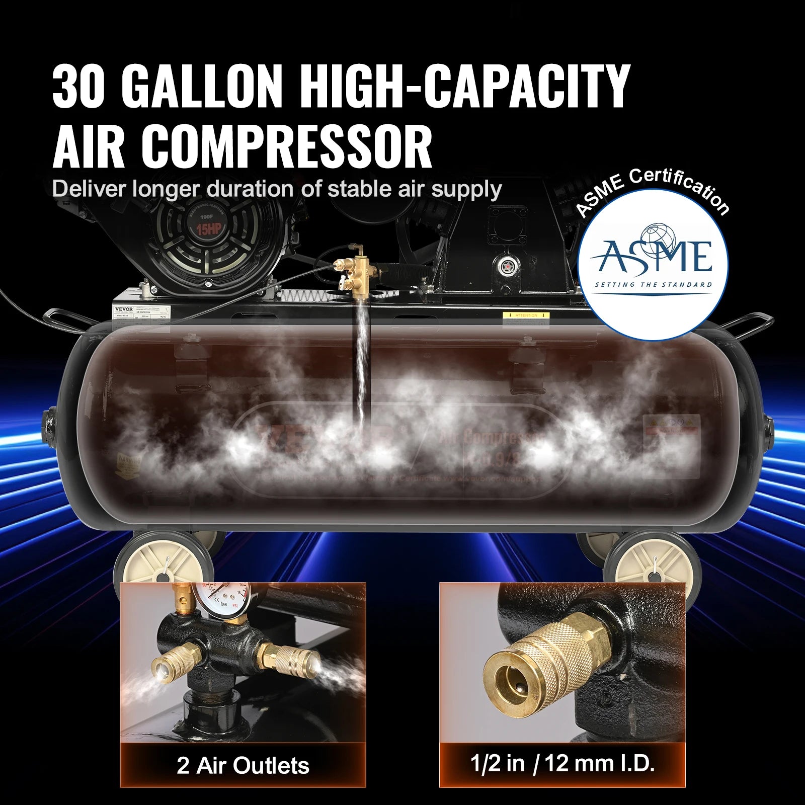 Compressore d’aria a gas 7HP/15HP SucceBuy, serbatoio per aria da 10/20/30 galloni, max pressione 115 PSI, per cantieri e officine.