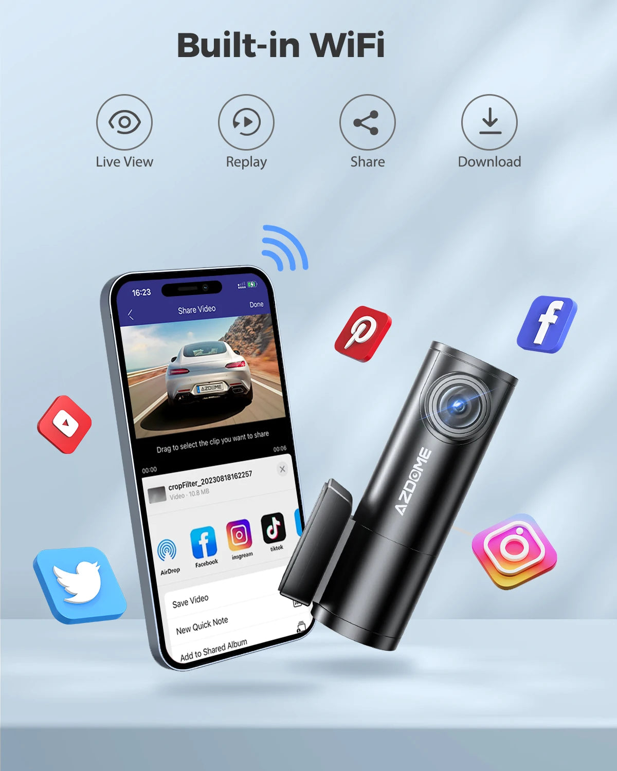 AZDOME M300 1296P fedélzeti kamera WiFi-vel, hangvezérléssel és parkoló móddal