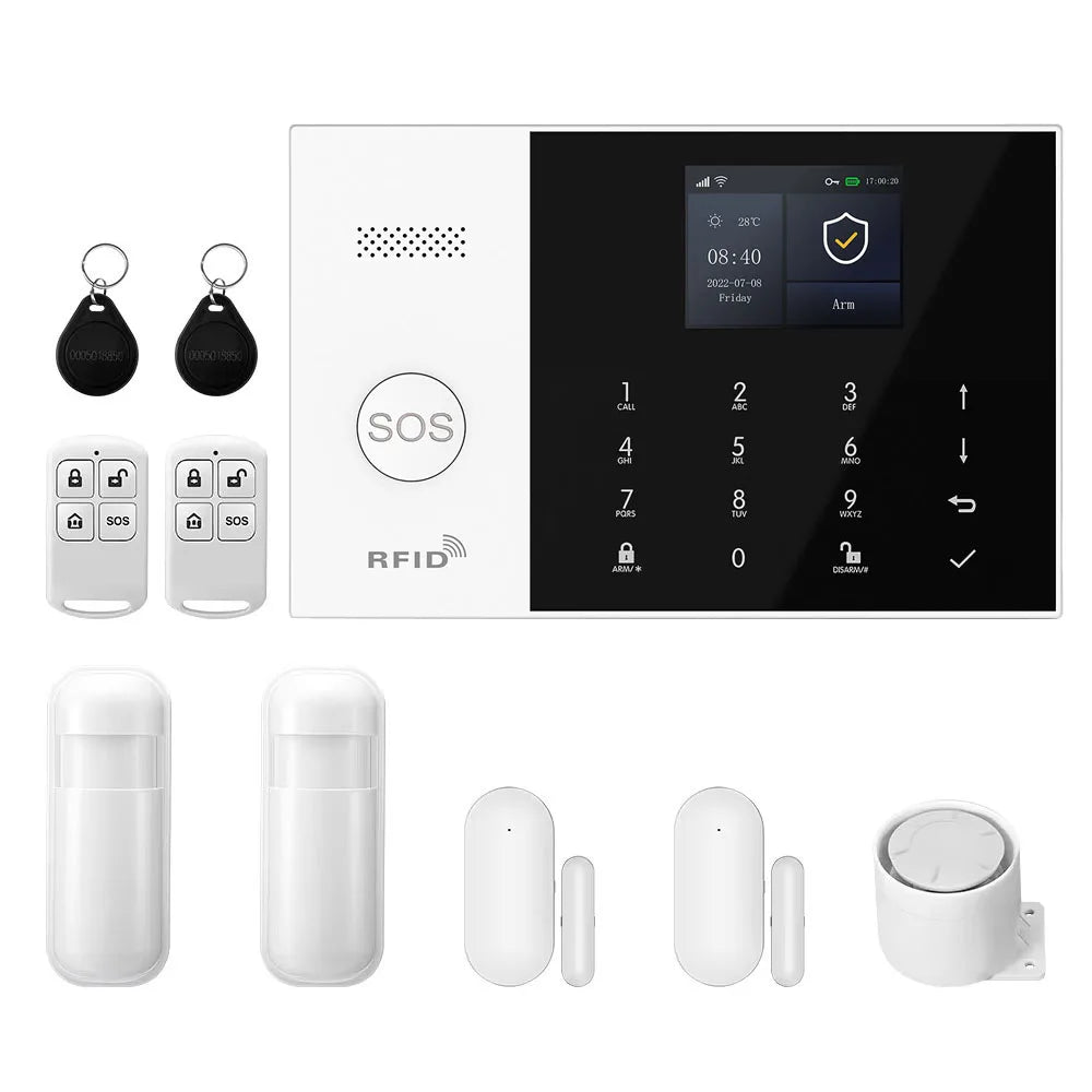 PGST Kit de système d'alarme antivol intelligent 4G WiFi Works with Tuya Works with Smart Life Connexion sans fil Ensemble de capteurs Télécommande Alerte en temps réel Sécurité domicile Bureau Entrepôt Euro