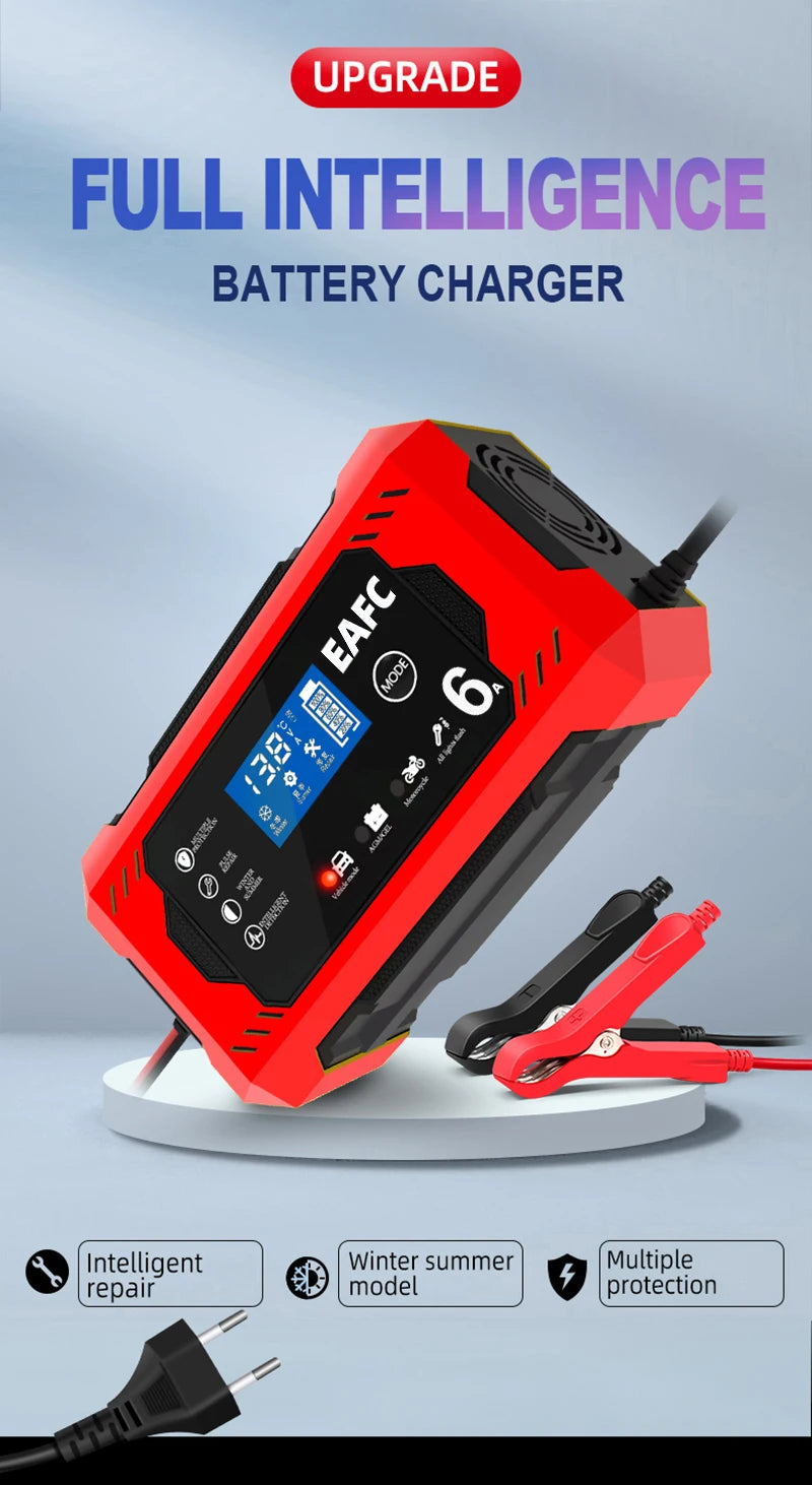Car Battery Charger 12V 6A Intelligent Fast Charging Pulse Repair Type Full Auto-Stop Dual-Mode Lead Acid for Motorcycle Truck 