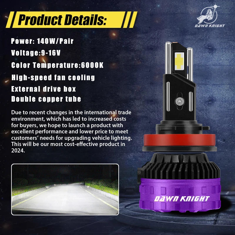 DAWNKNIGHT P7  PLUS 140W H7 Led Headlight Bulbs 6000K 4300K LED H4 H11 HB3 9005 HB4 9006 Led Double Copper Tube 12V 2ks
