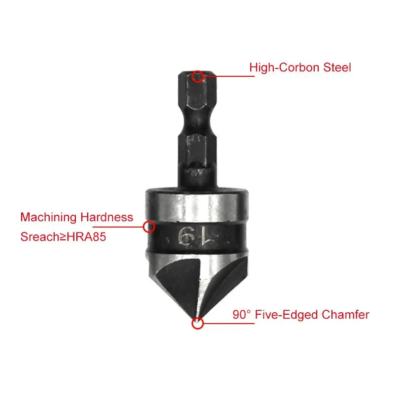 3PC Hexagonal Shank 90 Degree Black Five Blade Chamferer 12/16/19mm Countersink Drill Woodworking Hole Opener Tool Set 