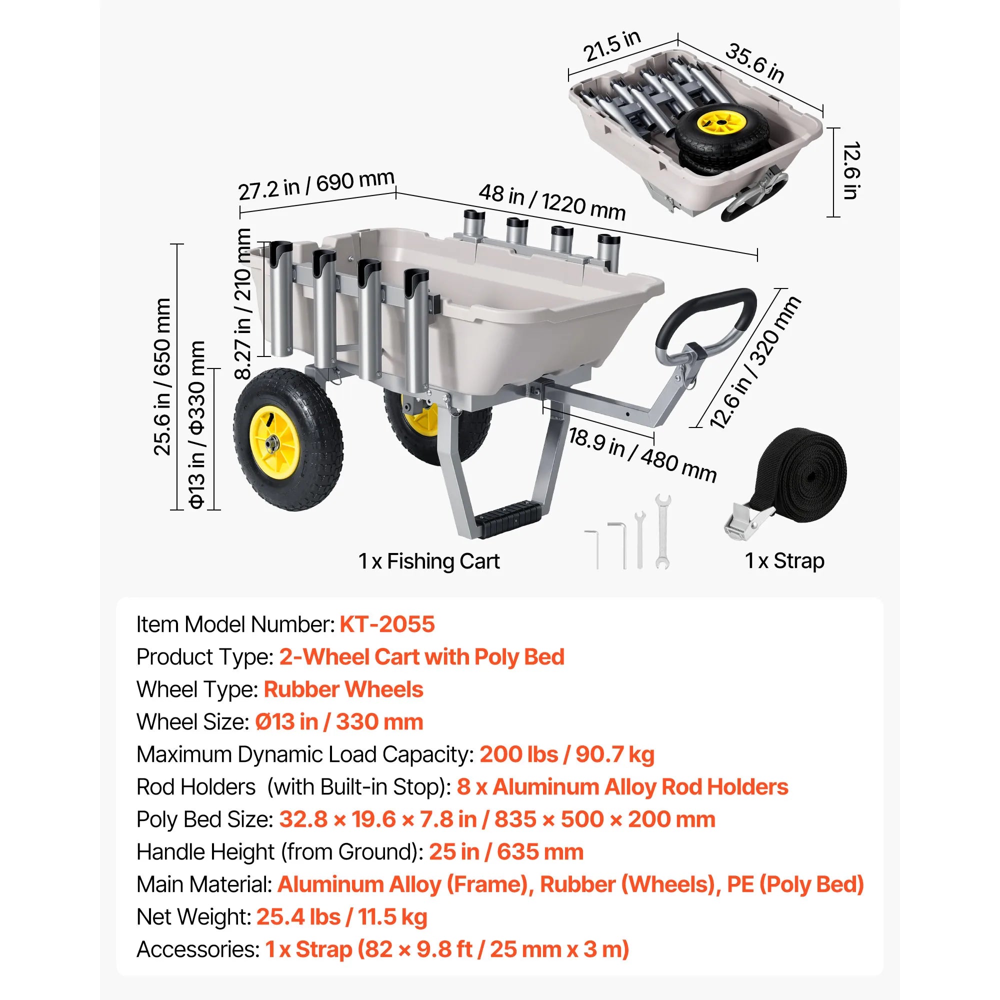 SucceBuy 200 lbs Foldable Beach Fishing Cart with Aluminum Alloy Frame 13in Tires & 8 Rod Holders for Outdoor Camping Picnic