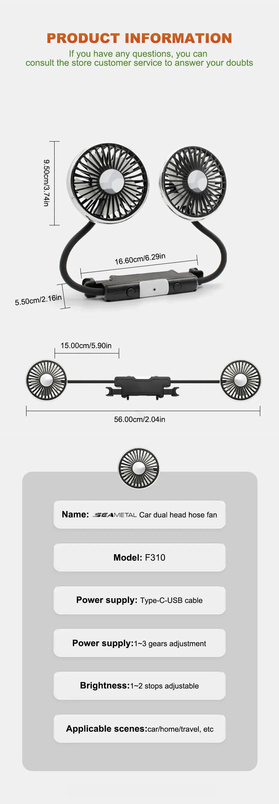 SEAMETAL Car Fan Cooling Dual Head Type-c Usb Car Fan 3 Speeds Adjustable Auto Cooler Air Fan With LED Lights Car Accessories