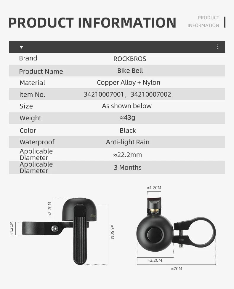 Campanello per bici ROCKBROS con clacson, manubrio in lega, suono nitido, allarme di avviso per sicurezza, accessori per biciclette MTB e strada