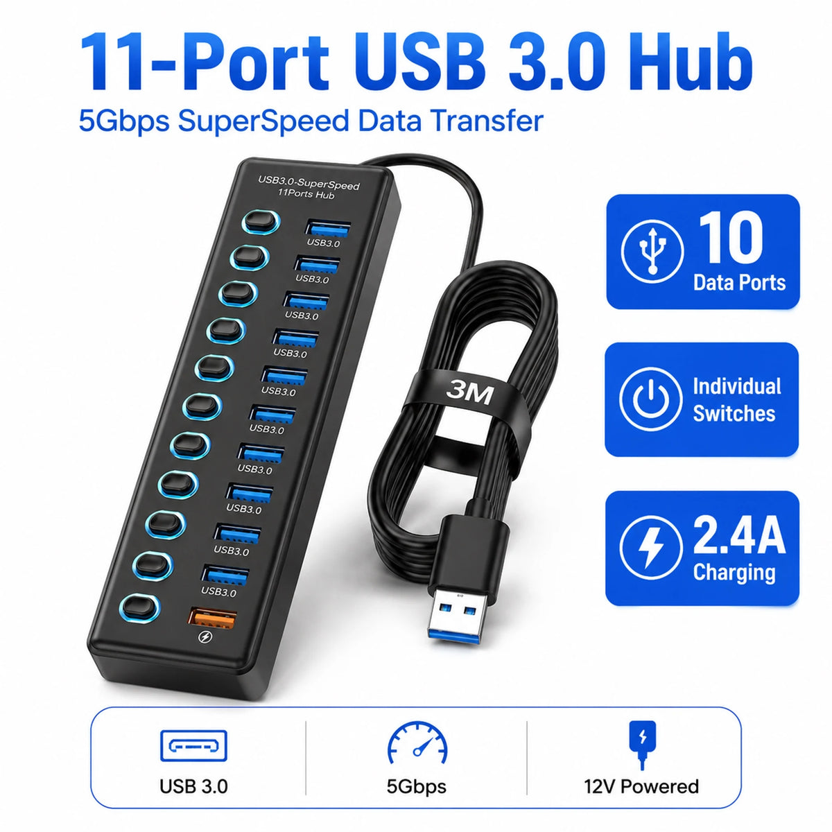 USB Hub with Long-Cable Options - Four to Eleven Ports