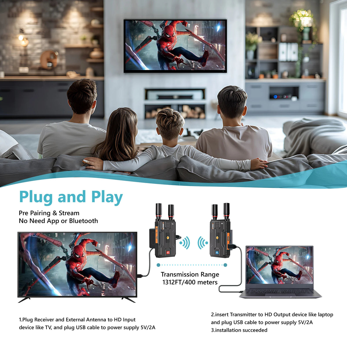 4K Wireless HDMI Transmitter and Receiver Extender Kit