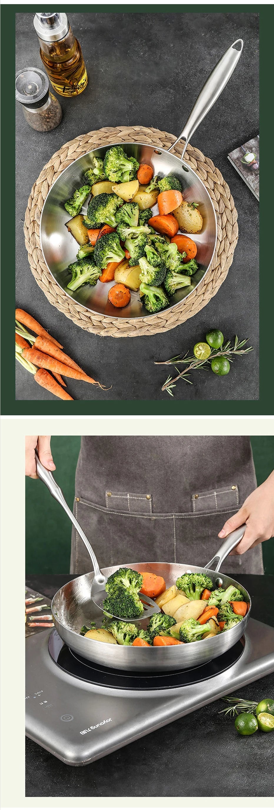 304 Stainless Steel Frying Pan, NonStick Pan Fried Steak Pot  Uncoated Kitchen Cookware For Gas Stove and Induction Cooker 