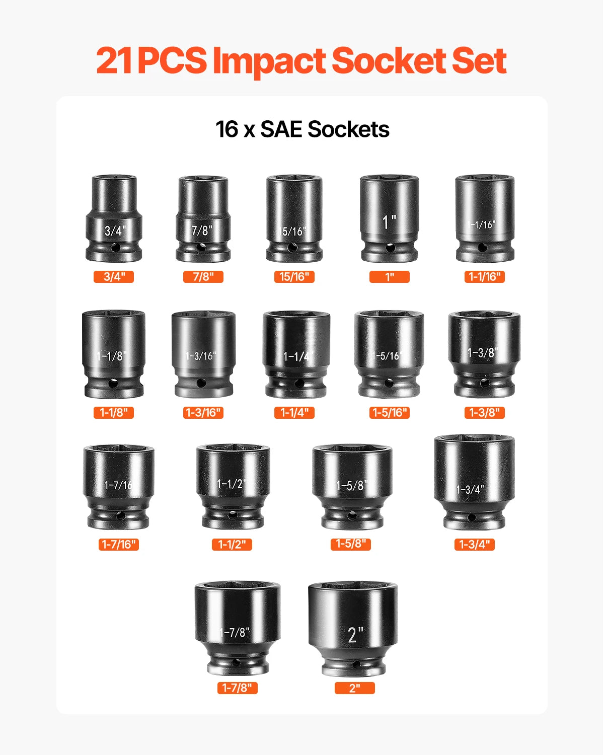3/4" Drive Impact Socket Set 21PCS SAE Cr-V Steel with Case