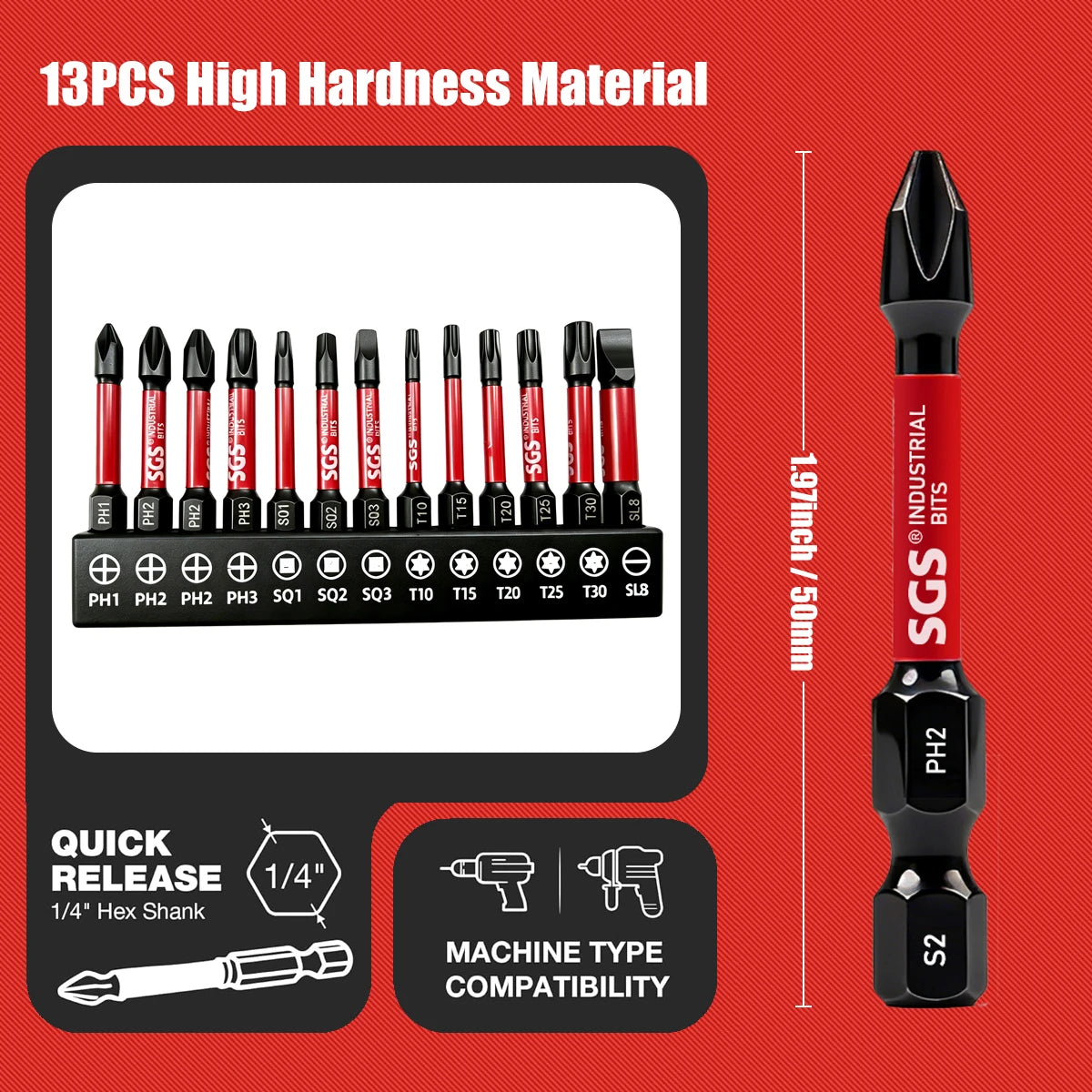 Multifunctional Screwdriver Bit Set, Ph, Pz, Sq, Hex, Torx, Sl, Multi-Specification Universal Impact Screwdriver Bit Set, 50mm, Magnetic Bits, S2 Steel Material, Universal 1/4" Hex Shank Compatible with Electric Drills, Elect