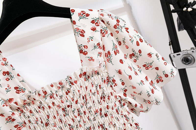 Spring Summer Chiffon Dress Women Midi DressesFemale Short Sleeve Elastic Waist Printed Floral Pleated Backless Casual Dress 