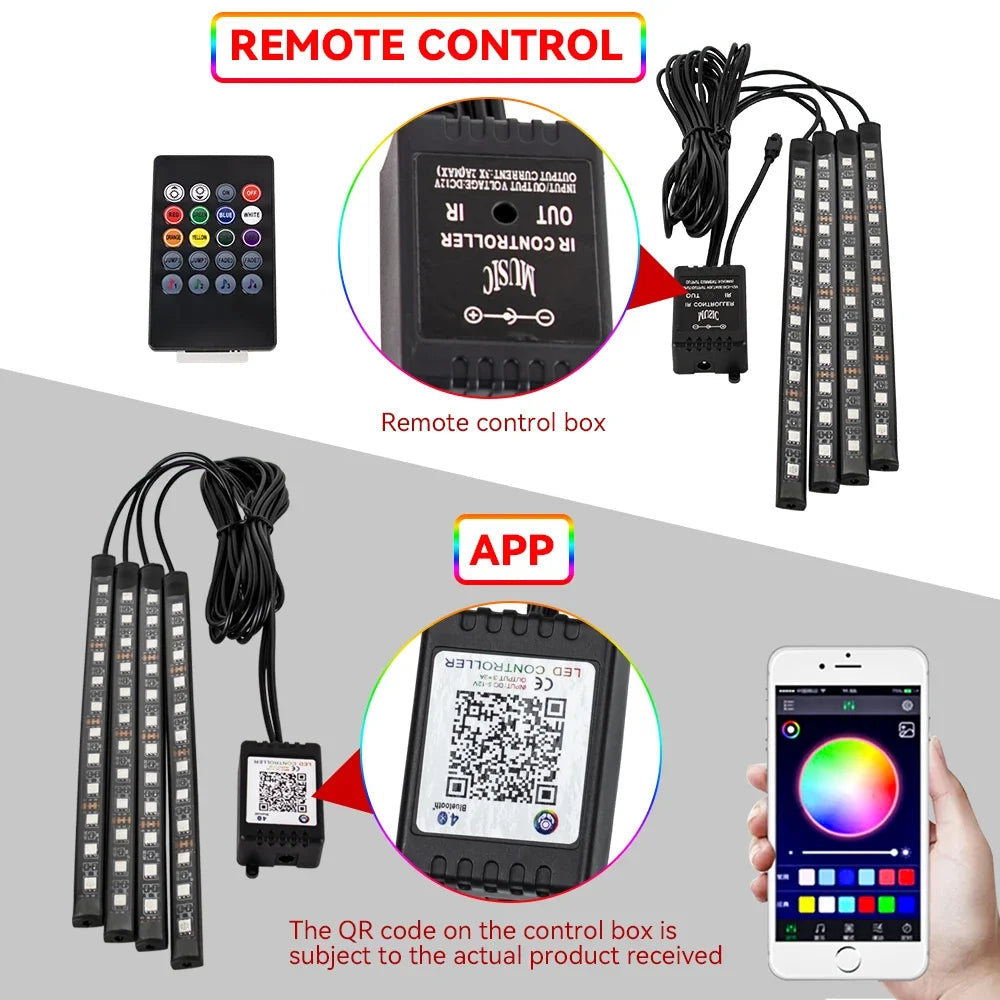 Neon 36 48 72 LED Car Interior Ambient Foot Light Wireless Remote Music APP Control Auto RGB Atmosphere Decorative Lamp 