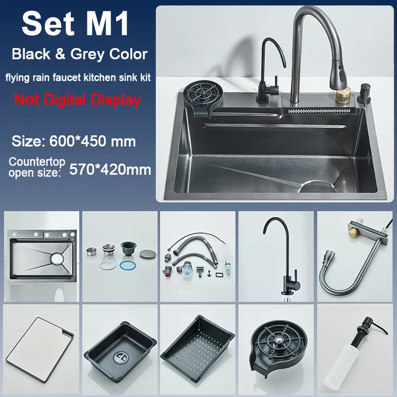 Single Slot Kitchen Sink with Faucet 60x45cm 4-Function