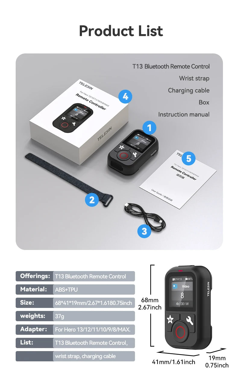 Telesin Su Geçirmez Bluetooth Uzaktan Kumanda GoPro Kameralar için