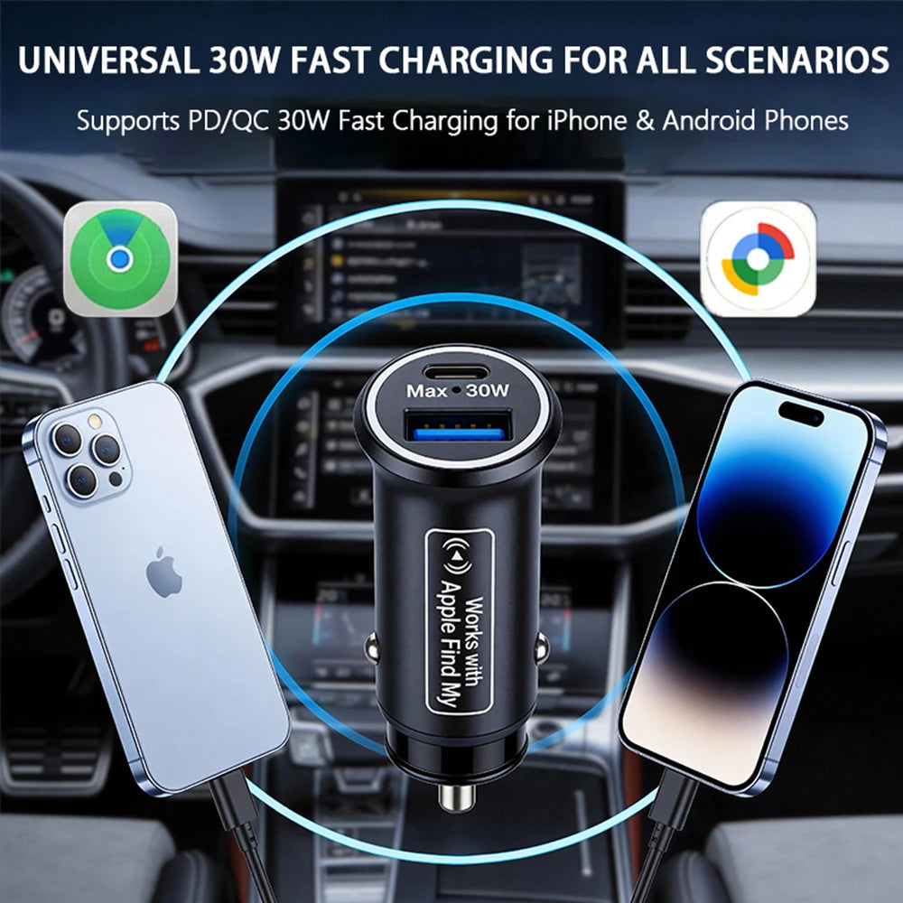 Încărcător auto 30W USB Type C cu locator GPS pentru Apple Find My App Android Find Hub APP Anti-loc Locator