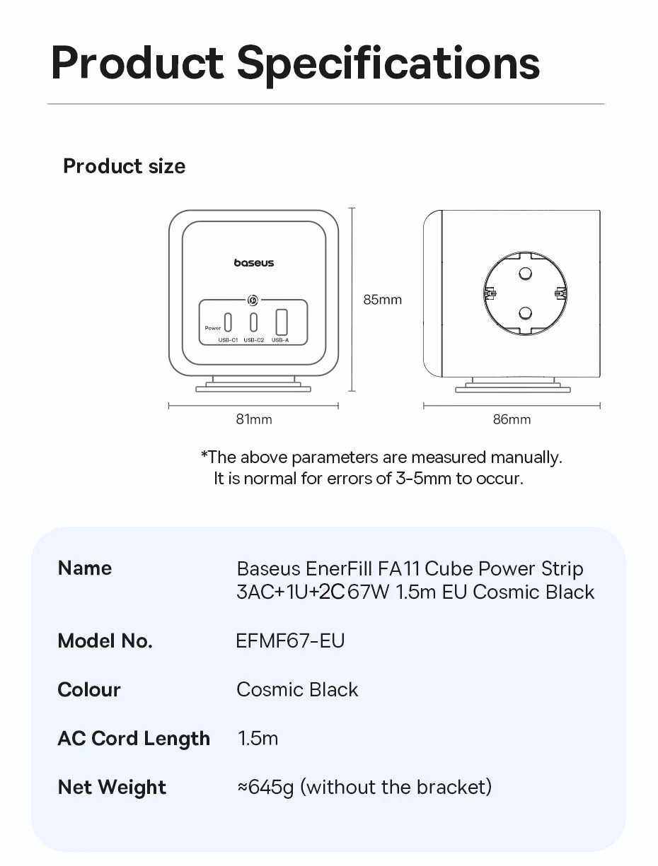 67W GaN Fast Charging Power Strip with 6 Ports and 3 AC Outlets