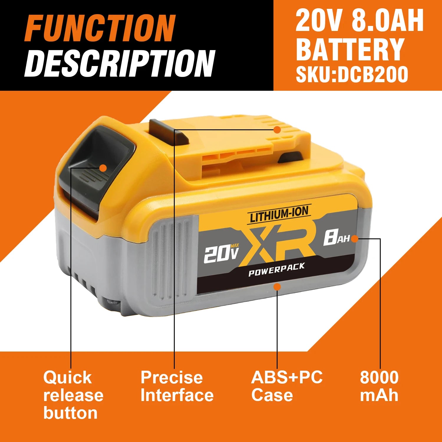20V Replacement Battery Pack 8000mAh Li-Ion Compatible with DCB200 DCB205 DCB206 DCB210