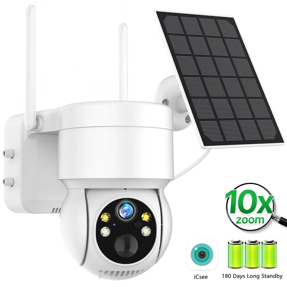 WiFi PTZ Camera Outdoor Wireless 10X Zoom Solar IP Camera 4MP Built-in Battery Video Surveillance Camera Long Time Standby iCsee 