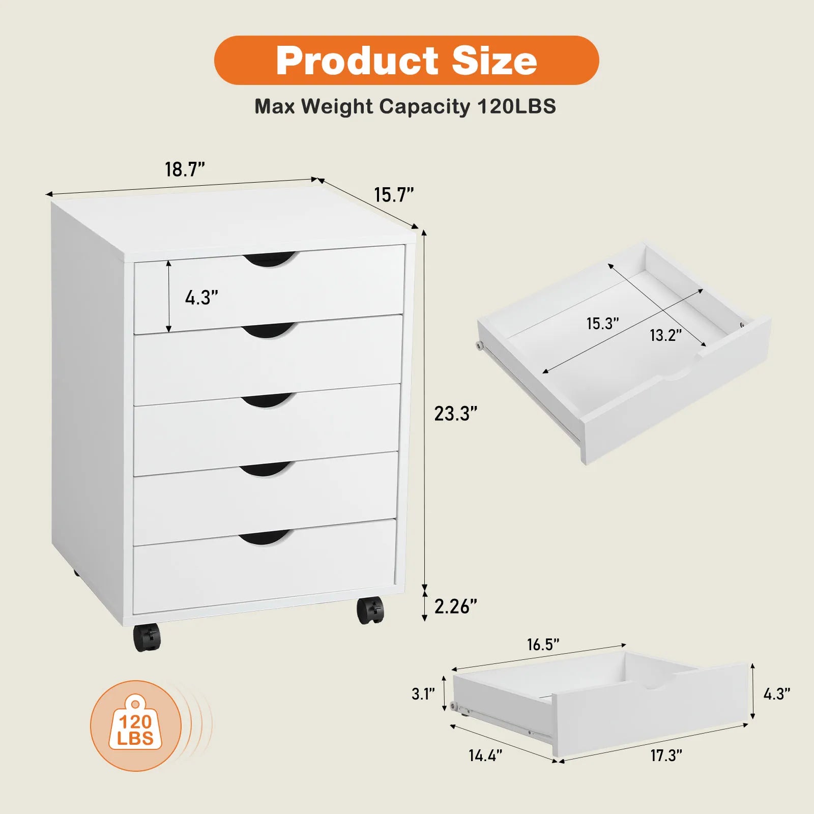 5 Drawer Rolling Nightstand Cabinet with Waterproof Top Surface