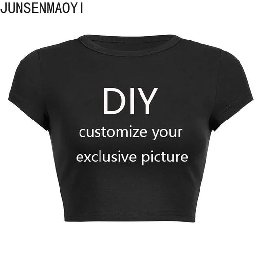 Your Exclusive DIY Print Pattern Customize Summer Short Sleeve O Neck Solid Color Cropped Navel Women Crop Tops Fashion T-Shirt