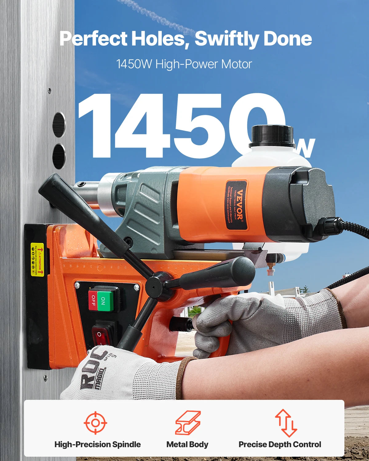 Perceuse magnétique 1450W 850RPM avec 11 forets, capacité 1,6"