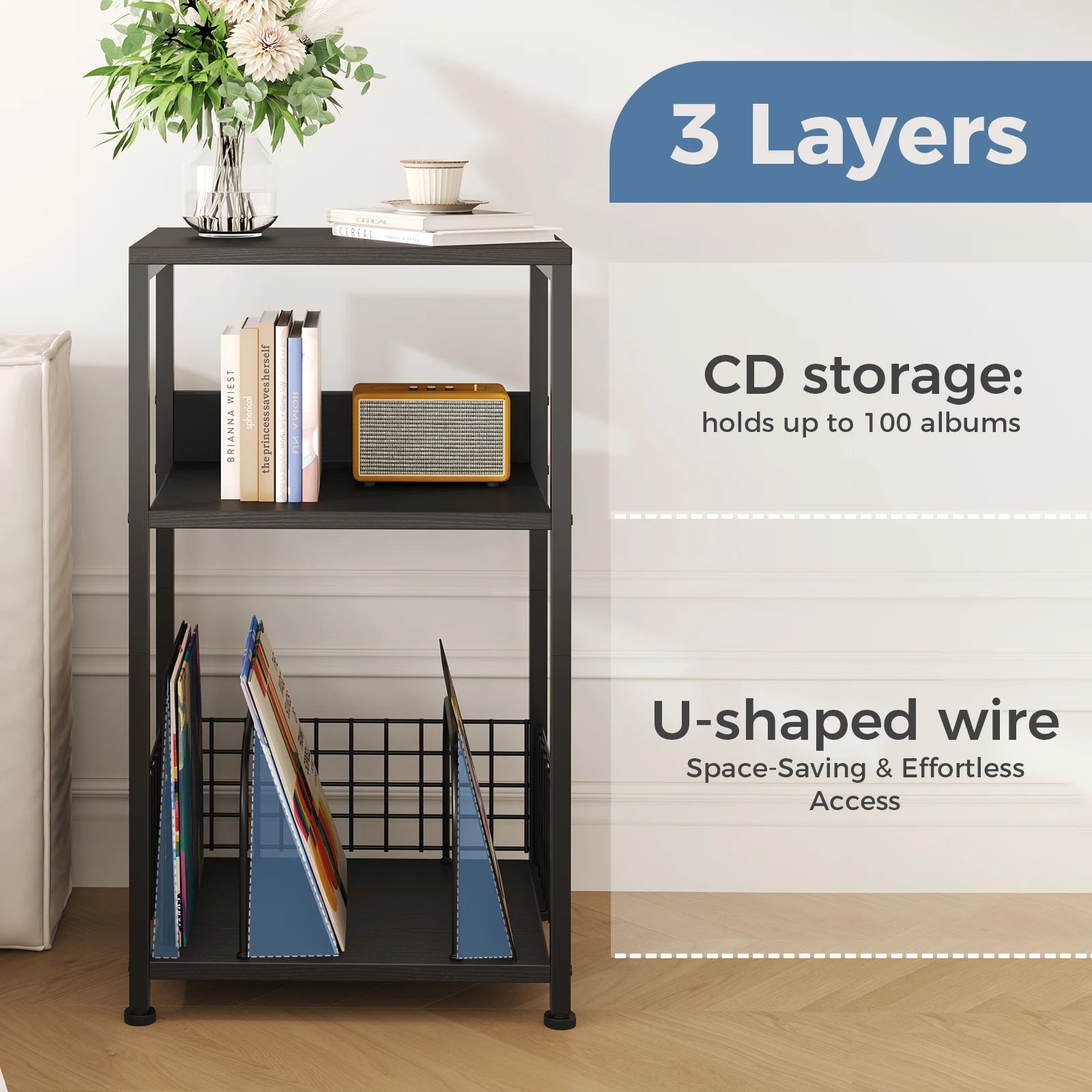 3-Tier Record Player Stand with Vinyl Storage and Metal Frame