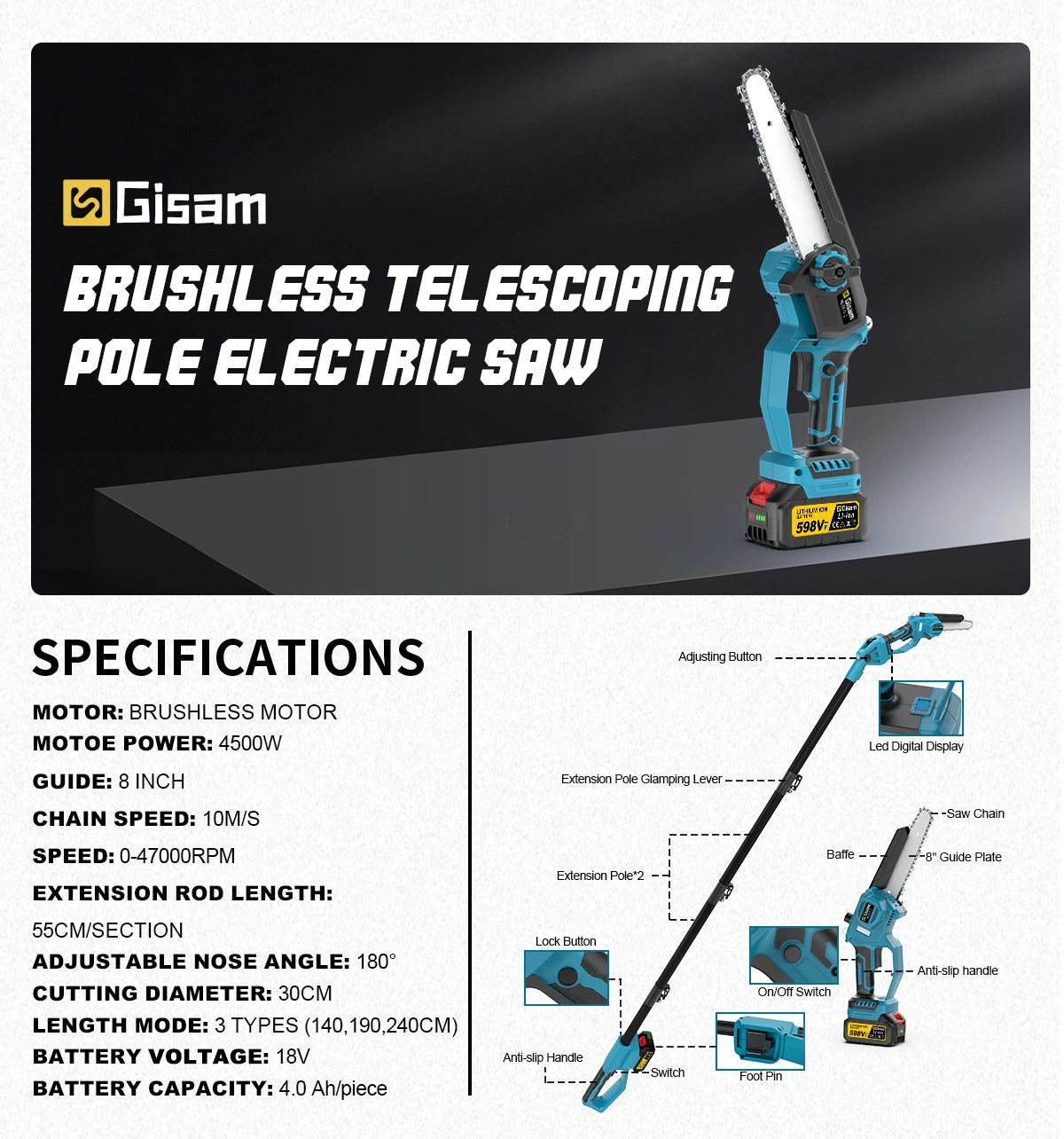 8 Inch Telescoping Pole Electric Chainsaw