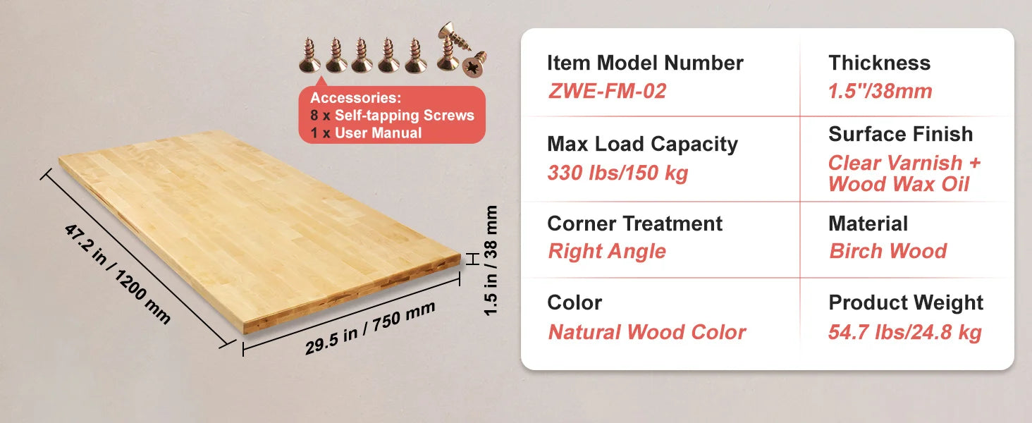 Tablero de Escritorio de Madera Maciza de Arce 1.5" de Grosor Capacidad de 330 lb