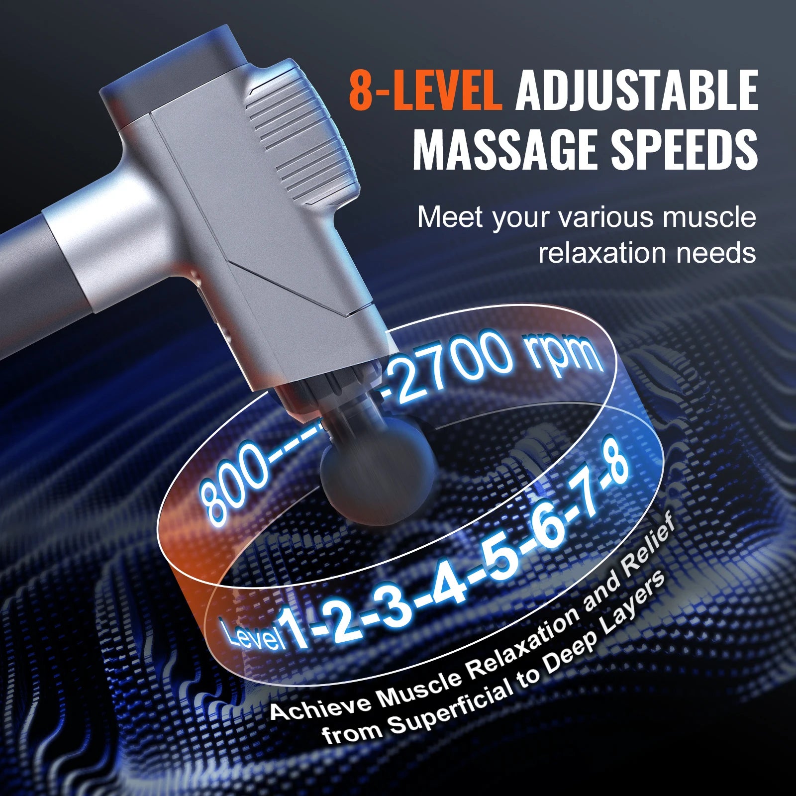 Dybdemassagepistol med 8 hastigheder og 6 hoveder til muskelafslapning