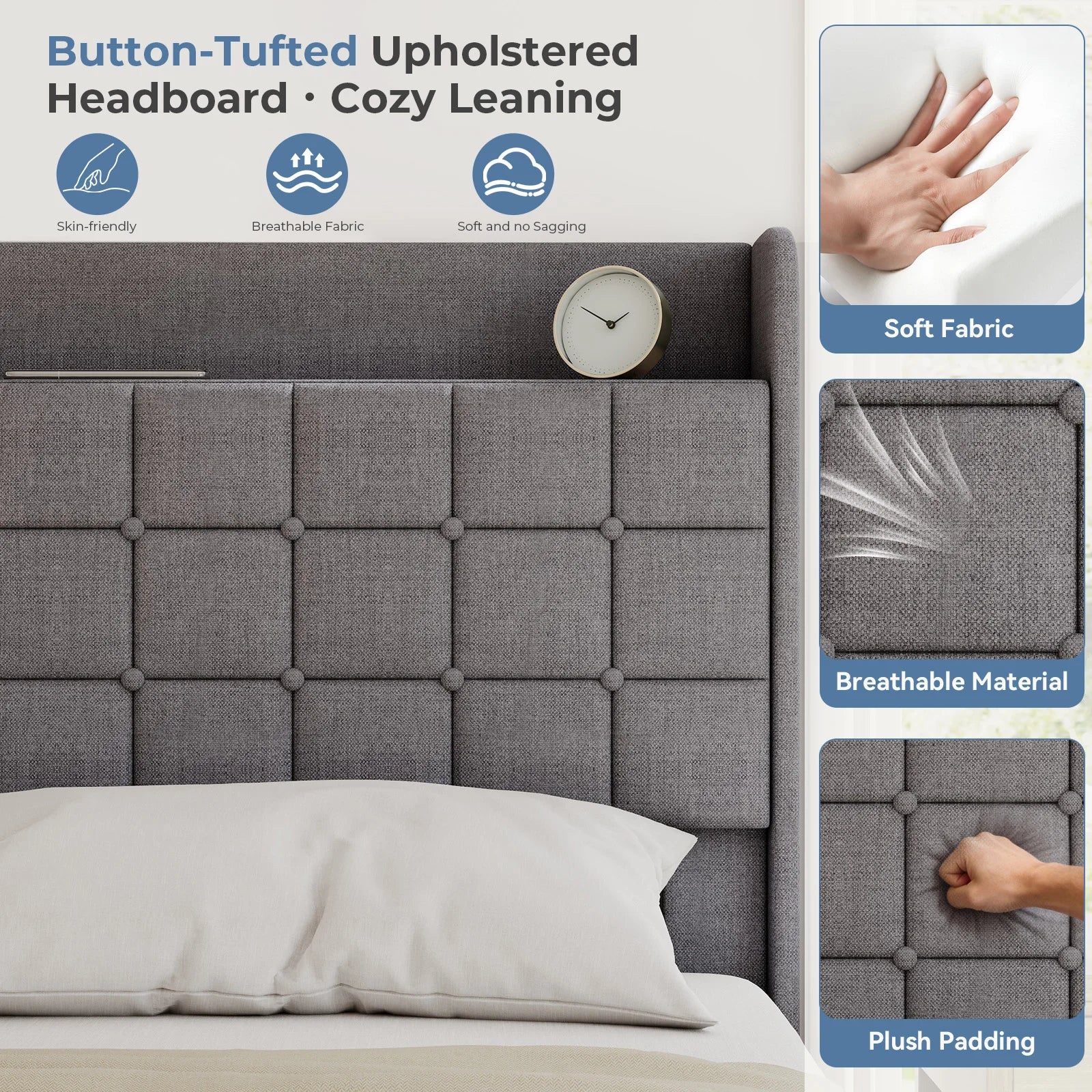 Wood Bed Frame with Storage Drawers & Upholstered Headboard