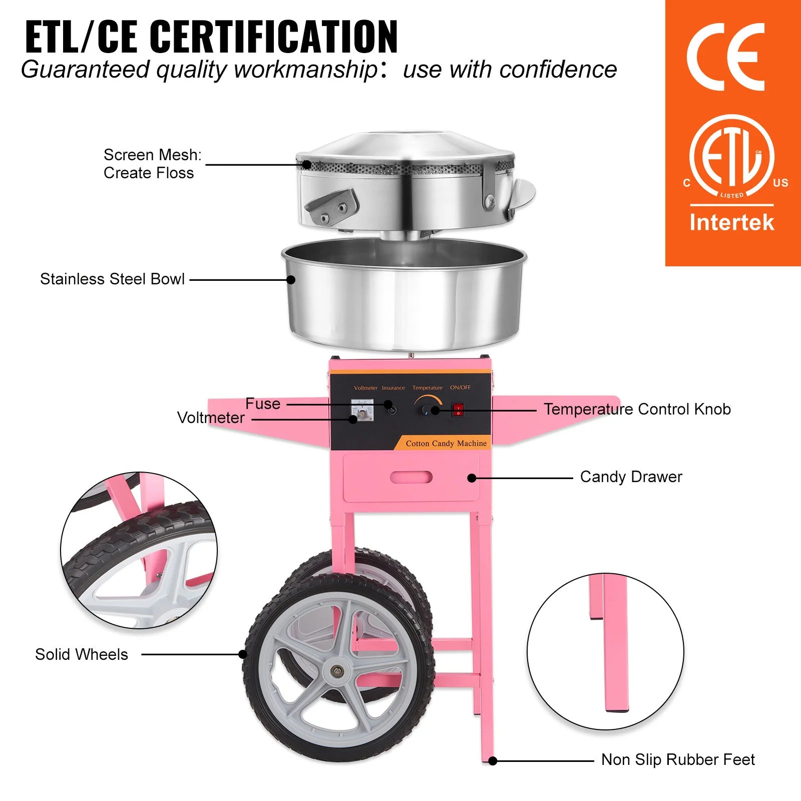 Commercial Cotton Candy Machine with Cart 1050W High Output Maker